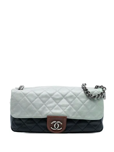 Pre-owned Chanel 2012 Large Tricolor Quilted Lambskin Country Chic Flap Shoulder Bag In Blue
