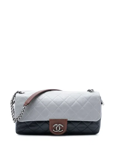 Pre-owned Chanel 2012 Large Tricolor Quilted Lambskin Country Chic Flap Shoulder Bag In Blue