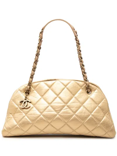 Pre-owned Chanel 2012 Medium Aged Calfskin Just Mademoiselle Bowling Bag Shoulder Bag In Gold