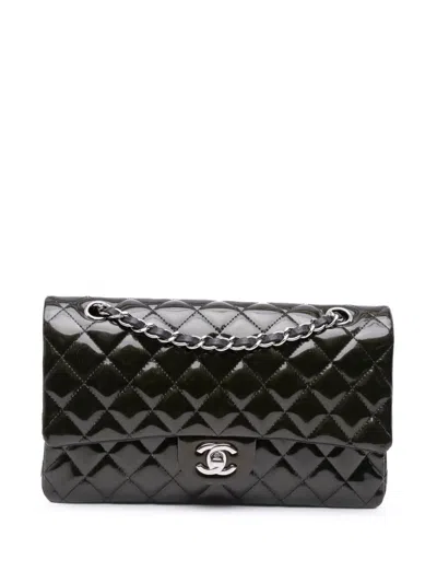 Pre-owned Chanel 2012 Medium Classic Striped Patent Double Flap Shoulder Bag In Black