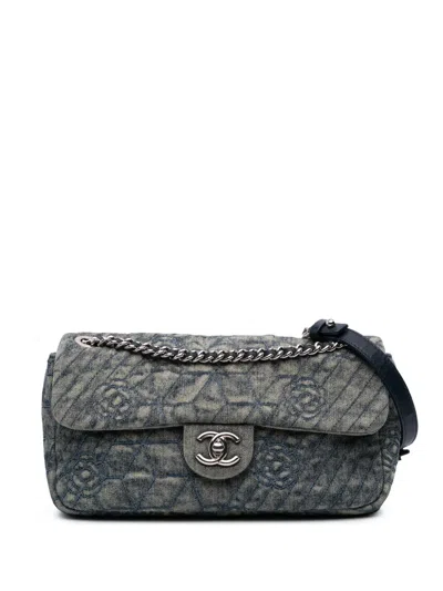 Pre-owned Chanel 2012 Medium Embroidered Denim Camellia Flap Shoulder Bag
