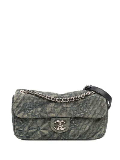 Pre-owned Chanel 2012 Medium Embroidered Denim Camellia Flap Shoulder Bag In Blue