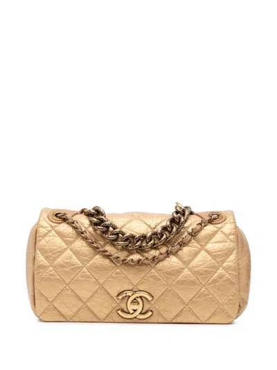 Pre-owned Chanel 2012 Medium Quilted Aged Calfskin Pondichery Flap Satchel In Gold