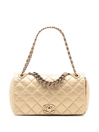 Pre-owned Chanel 2012 Medium Quilted Aged Calfskin Pondichery Flap Satchel In Gold