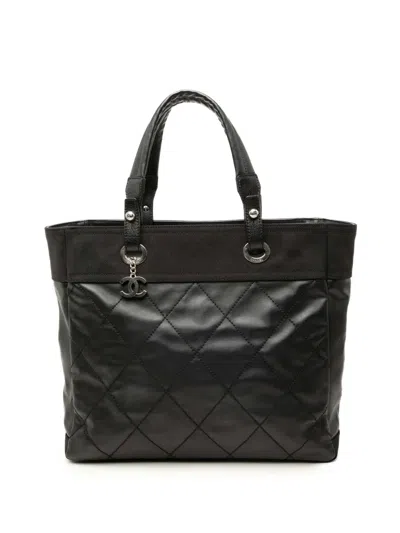 Pre-owned Chanel 2012 Medium Quilted Coated Canvas Paris Biarritz Tote Bag In Black