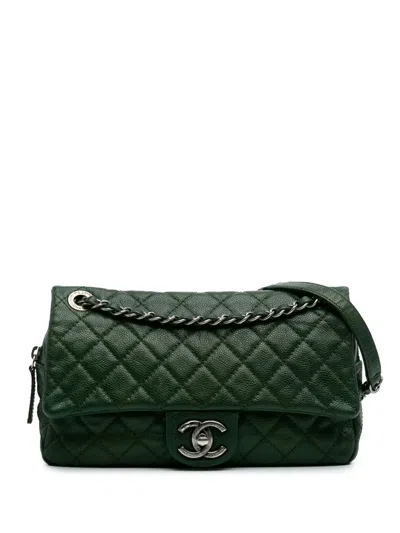 Pre-owned Chanel 2012 Medium Quilted Iridescent Caviar Easy Flap Shoulder Bag In Green