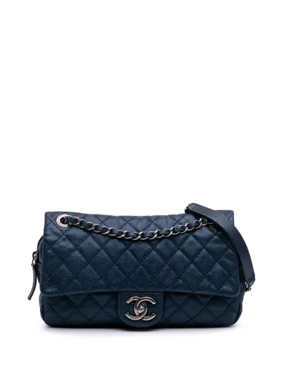 Pre-owned Chanel 2012 Medium Quilted Iridescent Caviar Easy Flap Shoulder Bag In Blue