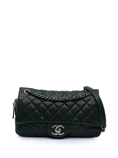 Pre-owned Chanel 2012 Medium Quilted Iridescent Caviar Easy Flap Shoulder Bag In Green