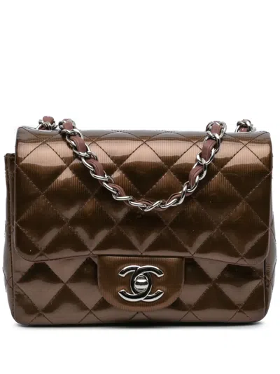 Pre-owned Chanel 2012 Mini Square Classic Patent Single Flap Shoulder Bag In Brown