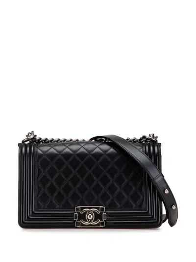 Pre-owned Chanel 2012 Old Medium Quilted Lambskin Boy Flap Crossbody Bag In Black