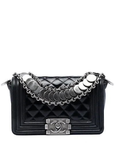 Pre-owned Chanel 2012 Paris Bombay Small Quilted Patent Medallion Embellished Boy Flap Satchel In Black