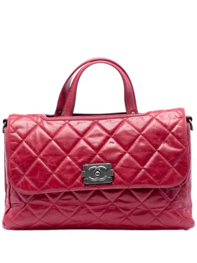 Pre-owned Chanel 2012 Quilted Glazed Calfskin Convertible Boy Top Handle Bag Satchel In Red