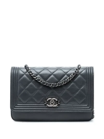 Pre-owned Chanel 2012 Quilted Lambskin Boy Wallet On Chain Crossbody Bag In Black