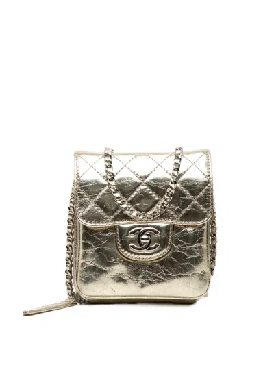 Pre-owned Chanel 2012 Quilted Metallic Aged Calfskin Clams Wallet On Chain Crossbody Bag In Gold
