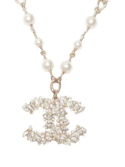 Pre-owned Chanel 2012 Rhinestone Pearls Cc-mark Necklace In Gold
