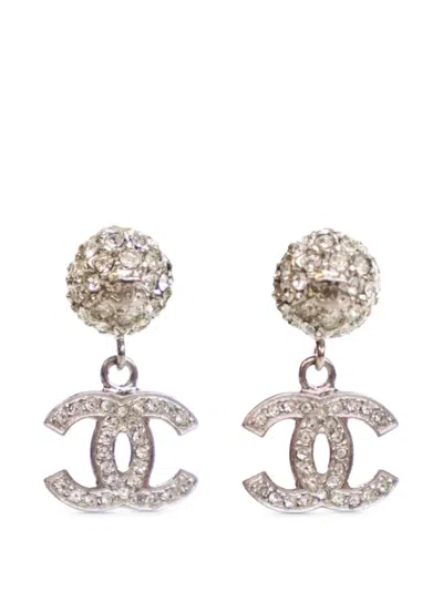 Pre-owned Chanel 2012 Silver Plated Crystal Cc Drop Push Back Earrings Costume Earrings