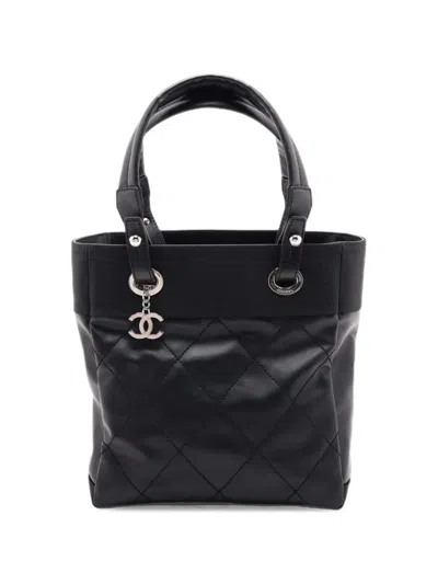 Pre-owned Chanel 2012 Small Quilted Coated Canvas Paris Biarritz Tote Bag In Black
