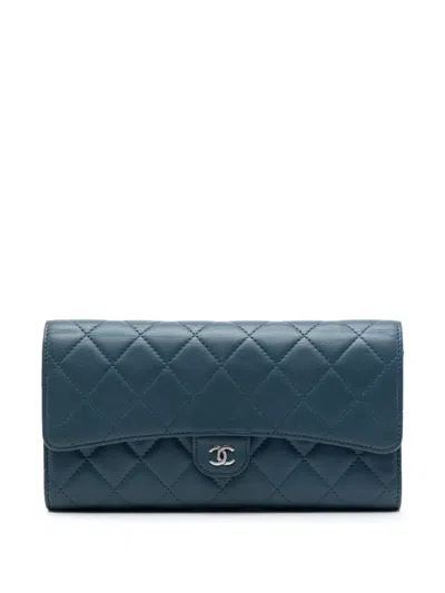 Pre-owned Chanel 2012-2013 Cc Lambskin Classic Flap Wallet Long Wallets In Blue