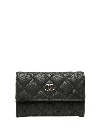 Pre-owned Chanel 2012-2013 Cc Quilted Caviar Flap Card Holder In Black