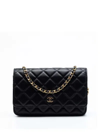 Pre-owned Chanel 2012-2013 Cc Quilted Lambskin Wallet On Chain Crossbody Bag In Black