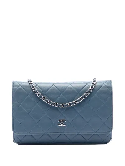 Pre-owned Chanel 2012-2013 Cc Quilted Lambskin Wallet On Chain Crossbody Bag In Blue