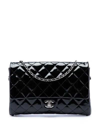 Pre-owned Chanel 2012-2013 Cc Quilted Patent Flap Clutch With Chain Shoulder Bag In Black