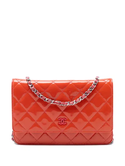 Pre-owned Chanel 2012-2013 Cc Quilted Patent Incognito Wallet On Chain Crossbody Bag In Orange