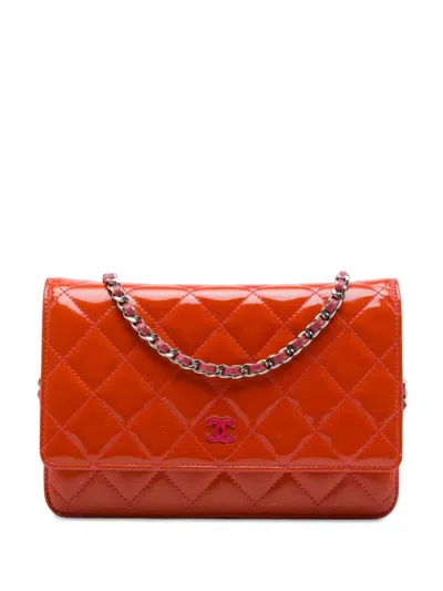Pre-owned Chanel 2012-2013 Cc Quilted Patent Incognito Wallet On Chain Crossbody Bag In Orange