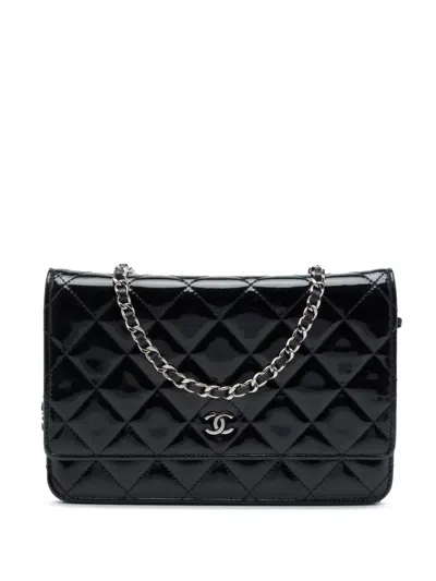 Pre-owned Chanel 2012-2013 Cc Quilted Patent Wallet On Chain Crossbody Bag In Black