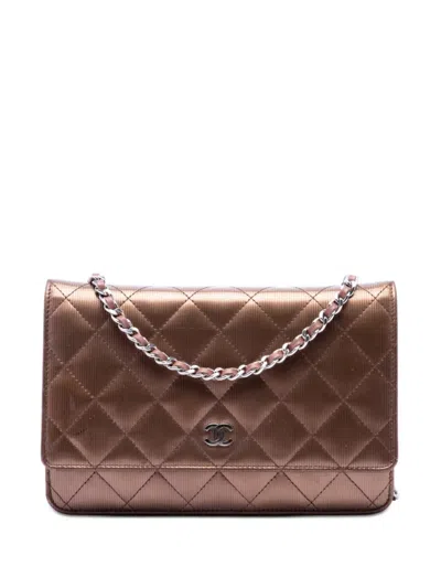 Pre-owned Chanel 2012-2013 Cc Quilted Striated Metallic Patent Wallet On Chain Crossbody Bag In Brown