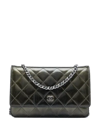 Pre-owned Chanel 2012-2013 Cc Quilted Striated Metallic Patent Wallet On Chain Crossbody Bag In Green