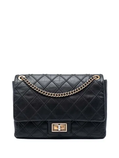 Pre-owned Chanel 2012-2013 Large Diamond Debossed Calfskin Reissue 2.55 Cosmos Flap Shoulder Bag In Black
