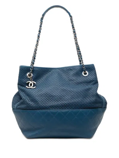 Pre-owned Chanel 2012-2013 Perforated Calfskin Up In The Air North South Tote Bag In Blue