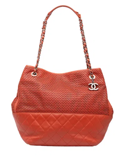 Pre-owned Chanel 2012-2013 Perforated Calfskin Up In The Air North South Tote Bag In Orange