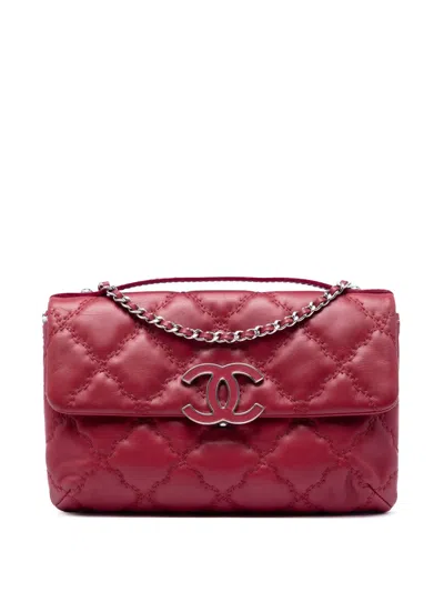 Pre-owned Chanel 2012-2013 Quilted Calfskin Double Stitch Hamptons Clutch With Chain Satchel In Red