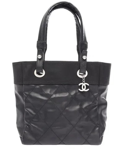 Pre-owned Chanel 2012-2013 Small Quilted Coated Canvas Paris Biarritz Tote Bag In Black