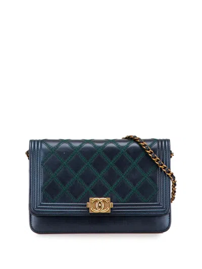 Pre-owned Chanel 2013-2014 Calfskin Double Stitch Boy Wallet On Chain Crossbody Bag In Blue