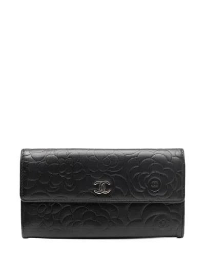 Pre-owned Chanel 2013-2014 Cc Embossed Calfskin Camellia Flap Wallet Long Wallets In Black