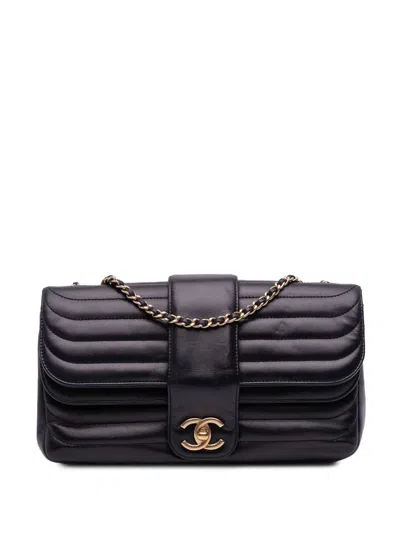 Pre-owned Chanel 2013-2014 Cc Horizontal Quilted Lambskin Double Flap Crossbody Bag In Black
