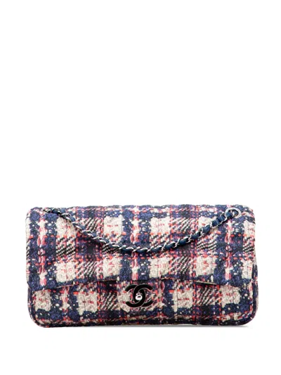 Pre-owned Chanel 2013-2014 Cc Nylon Tweed Print Single Flap Shoulder Bag In Blue