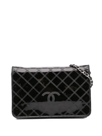 Pre-owned Chanel 2013-2014 Cc Patent Diamond Wallet On Chain Crossbody Bag In Black