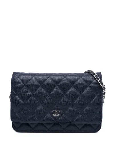 Pre-owned Chanel 2013-2014 Cc Quilted Caviar Wallet On Chain Crossbody Bag In Blue
