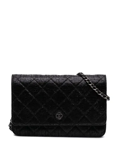 Pre-owned Chanel 2013-2014 Cc Quilted Crinkled Patent Wallet On Chain Crossbody Bag In Black