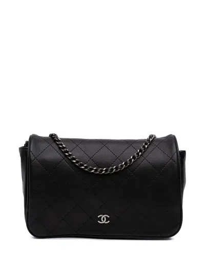 Pre-owned Chanel 2013-2014 Cc Quilted Lambskin Full Flap Wallet On Chain Crossbody Bag In Black