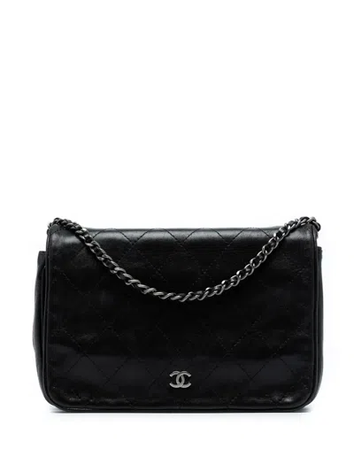 Pre-owned Chanel 2013-2014 Cc Quilted Lambskin Full Flap Wallet On Chain Crossbody Bag In Black