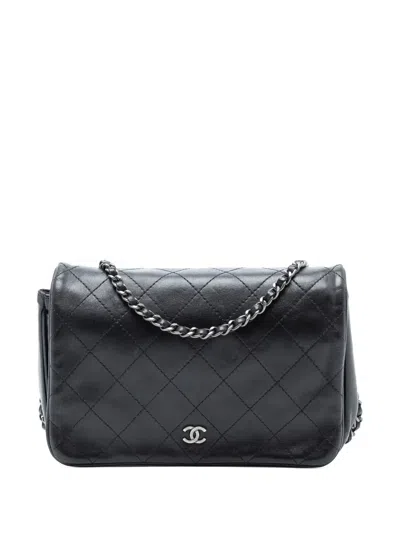 Pre-owned Chanel 2013-2014 Cc Quilted Lambskin Full Flap Wallet On Chain Crossbody Bag In Black