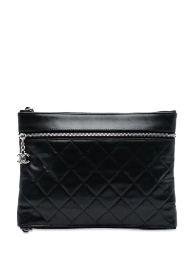 Pre-owned Chanel 2013-2014 Cc Quilted Lambskin Multi Zip Clutch Bag In Black