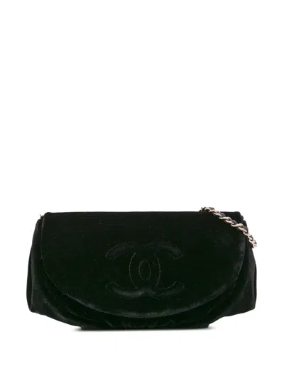 Pre-owned Chanel 2013-2014 Cc Velvet Half Moon Wallet On Chain Crossbody Bag In Black