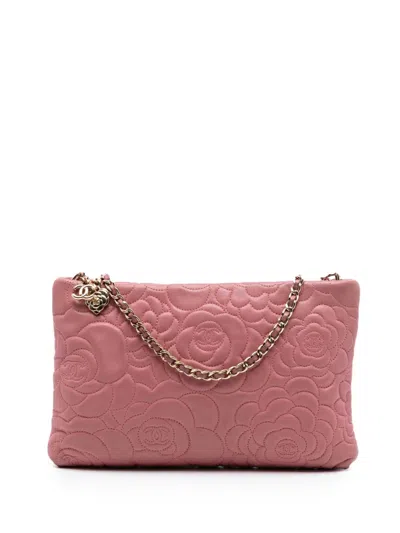 Pre-owned Chanel 2013-2014 Embossed Lambskin Camellia Chain Pochette Shoulder Bag In Pink