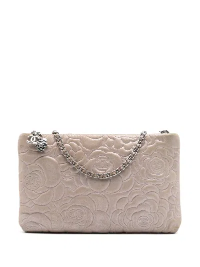 Pre-owned Chanel 2013-2014 Embossed Metallic Lambskin Camellia Chain Pochette Shoulder Bag In Pink